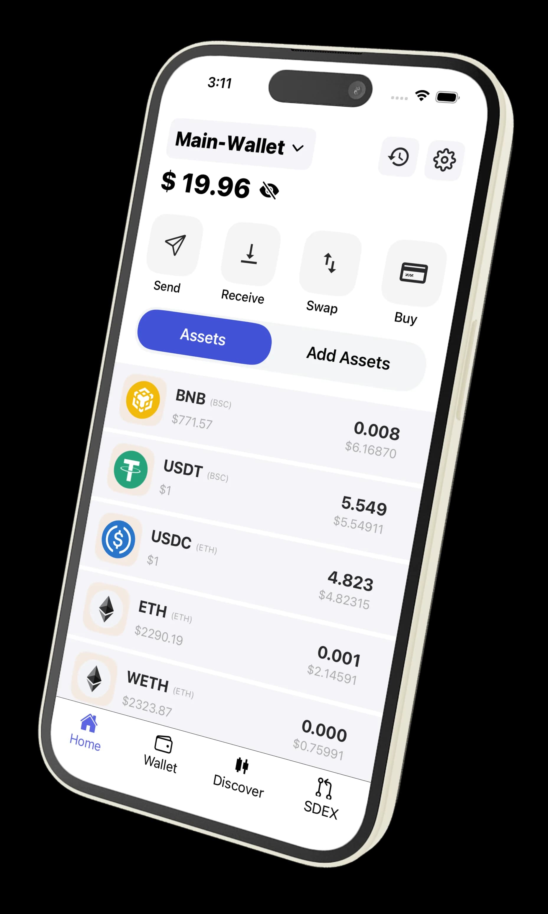 SwiftEx mobile application interface showing wallet and asset management features
